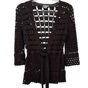 Cupio Brown Crochet Cardigan M Boho Tie Front Open Knit 100% Cotton Cottagecore